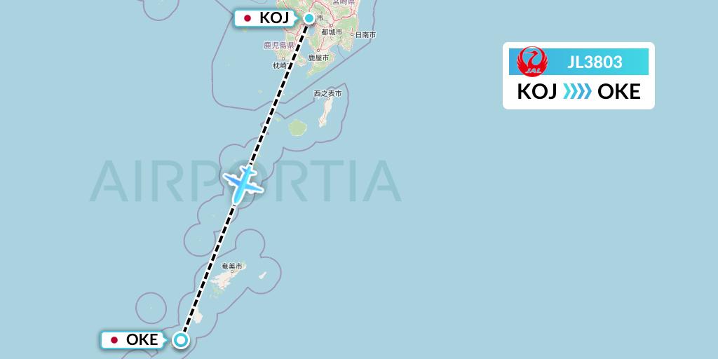 JL3803 Japan Airlines Flight Map: Kagoshima to Japan