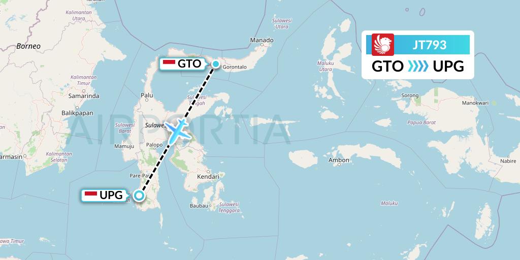 JT793 Lion Airlines Flight Map: Gorontalo to Makassar