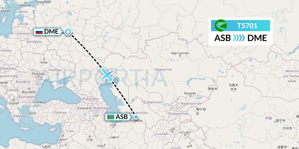 T5701 Turkmenistan Airlines Flight Map: Ashgabat to Moscow