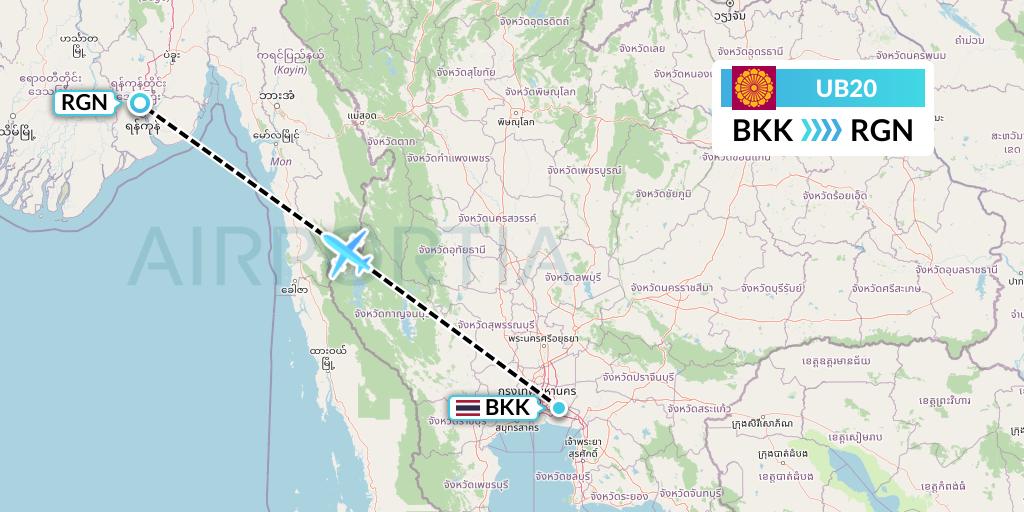 UB20 Myanmar National Airlines Flight Map: Bangkok to Yangon