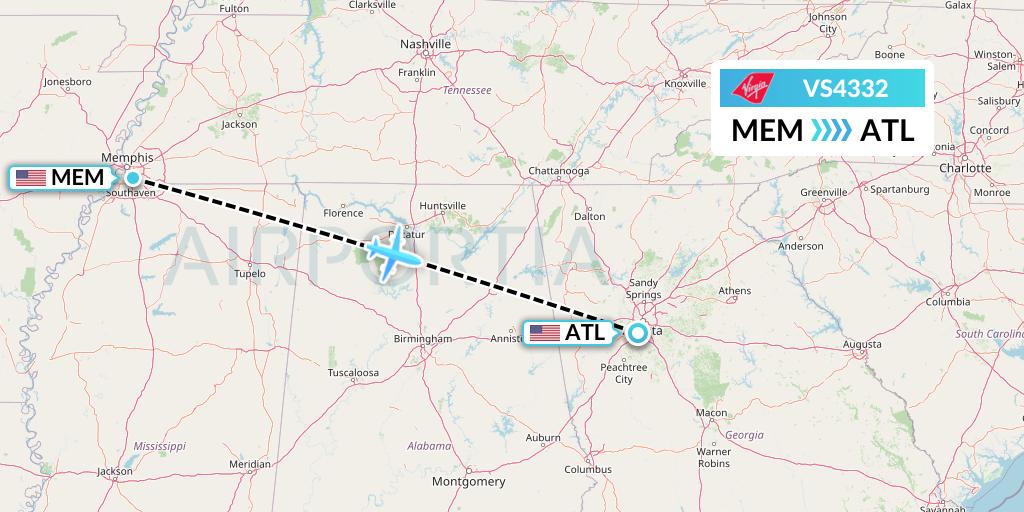 VS4332 Virgin Atlantic Airways Flight Map: Memphis to Atlanta