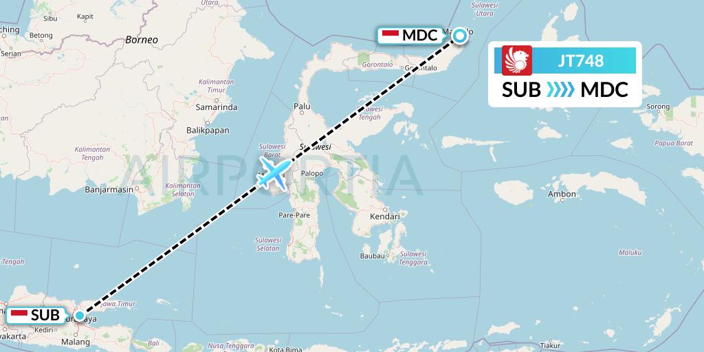 JT748 Lion Airlines Flight Map: Surabaya to Manado