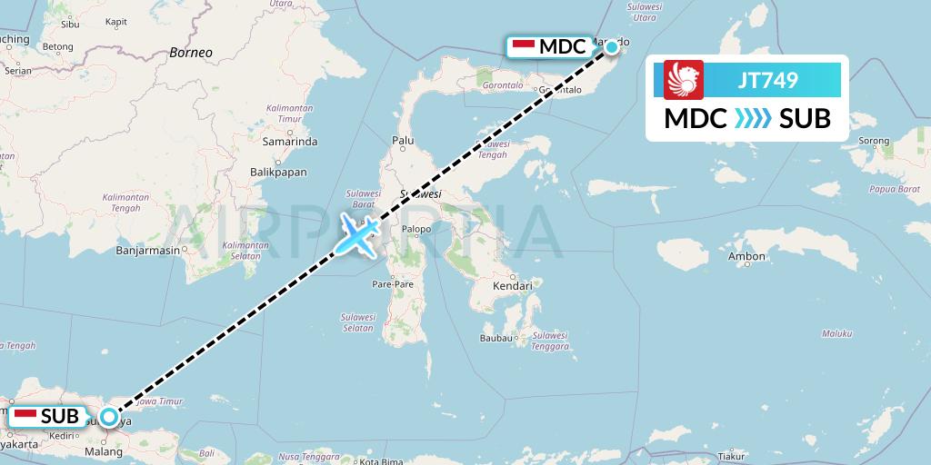 JT749 Lion Airlines Flight Map: Manado to Surabaya