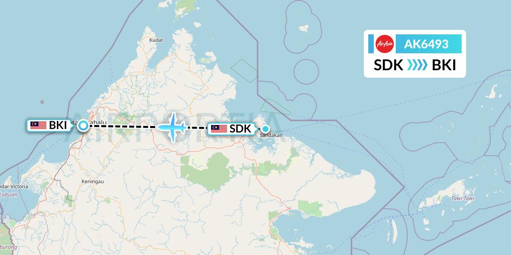 AK6493 AirAsia Flight Map: Sandakan to Kota Kinabalu