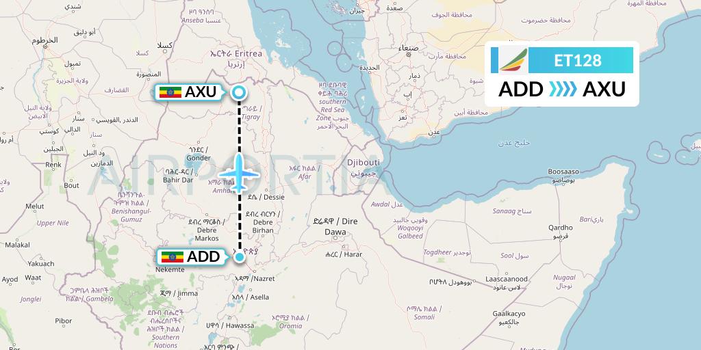 ET128 Ethiopian Airlines Flight Map: Addis Ababa to Axum