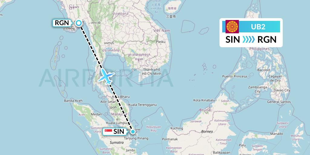 UB2 Myanmar National Airlines Flight Map: Singapore to Yangon