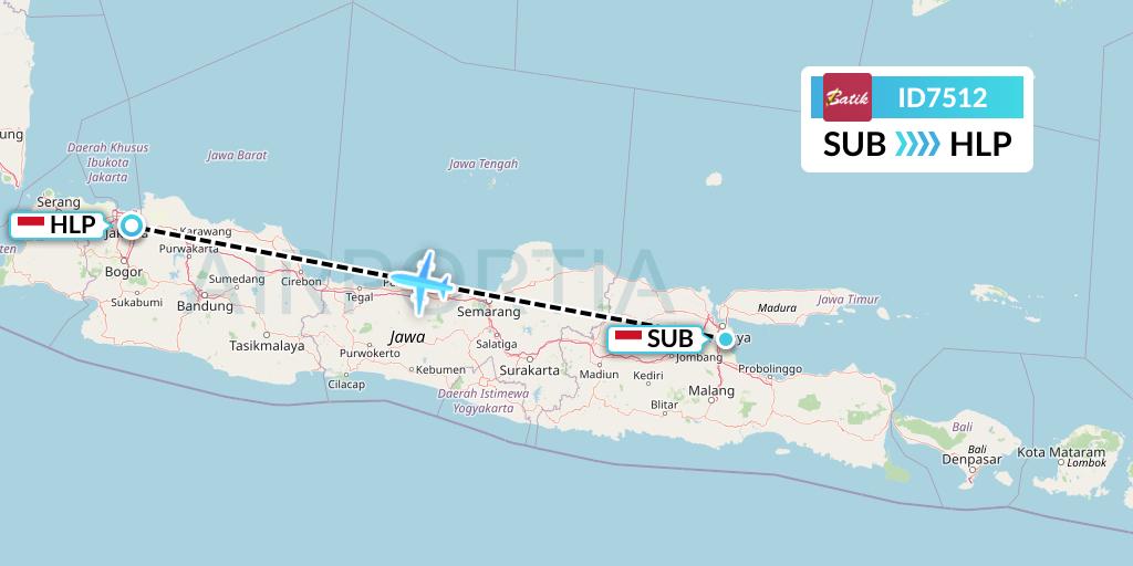 ID7512 Batik Air Flight Map: Surabaya to Jakarta