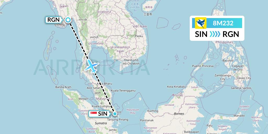 8M232 Myanmar Airways International Flight Map: Singapore to Yangon