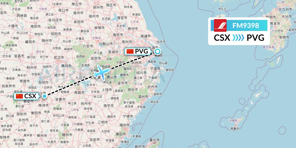 FM9398 Shanghai Airlines Flight Map: Changsha to Shanghai