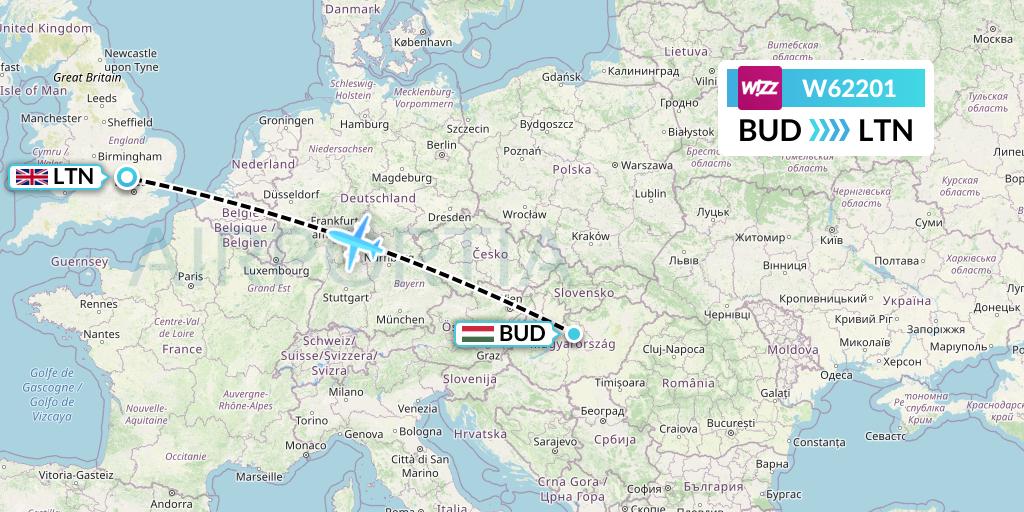 W62201 Wizz Air Flight Map: Budapest to London