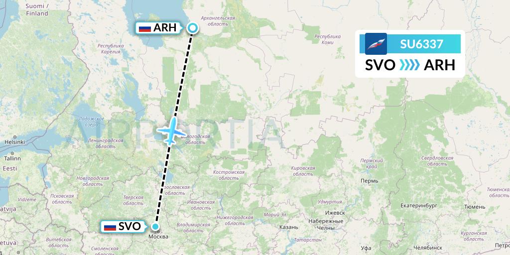SU6337 Aeroflot Flight Map: Moscow to Arkhangelsk
