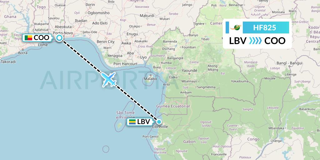 HF825 Air Cote d'Ivoire Flight Map: Libreville to Cotonou