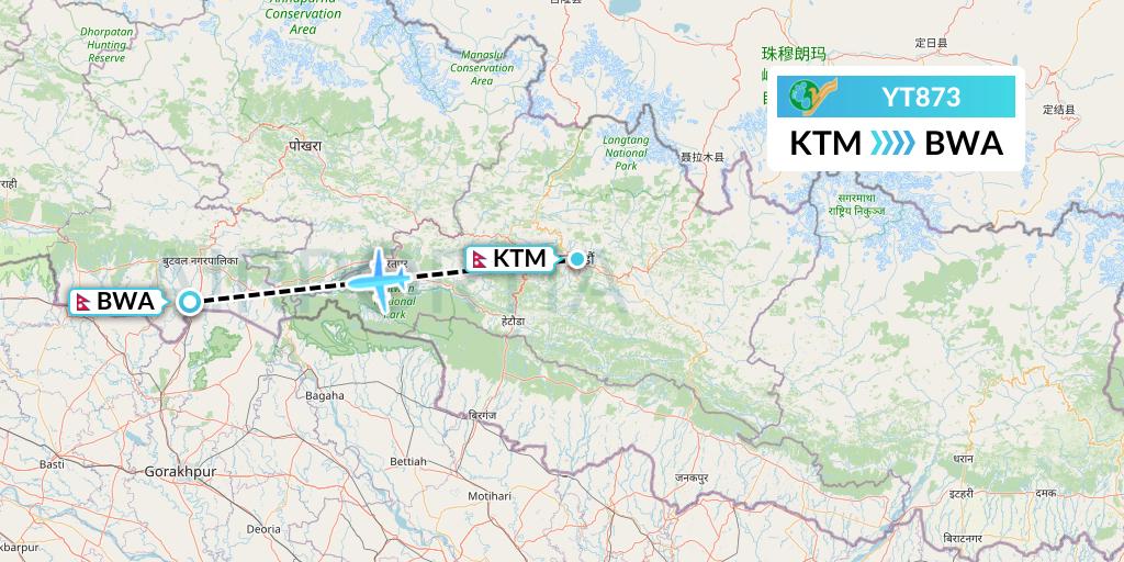 YT873 Yeti Airlines Flight Map: Kathmandu to Bhairawa