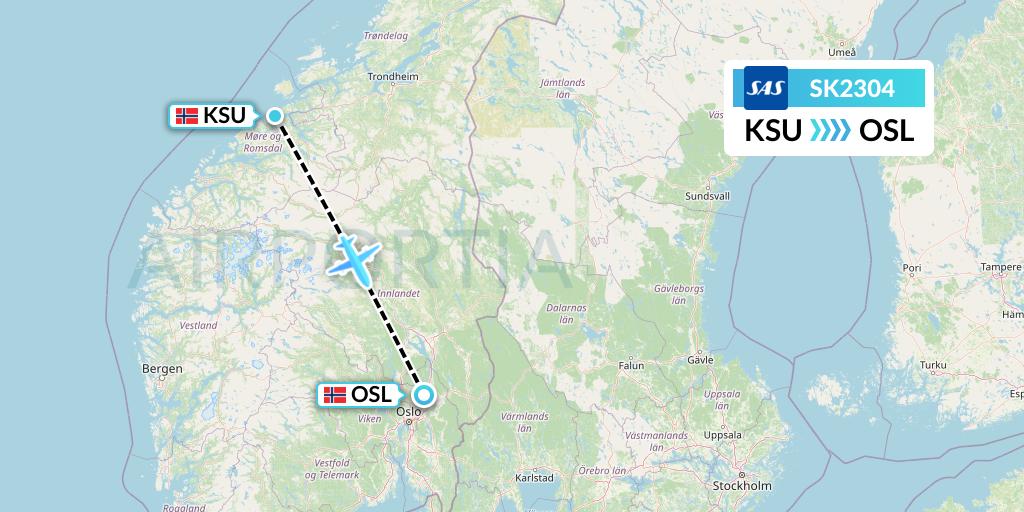 SK2304 SAS Flight Map: Kristiansund to Oslo