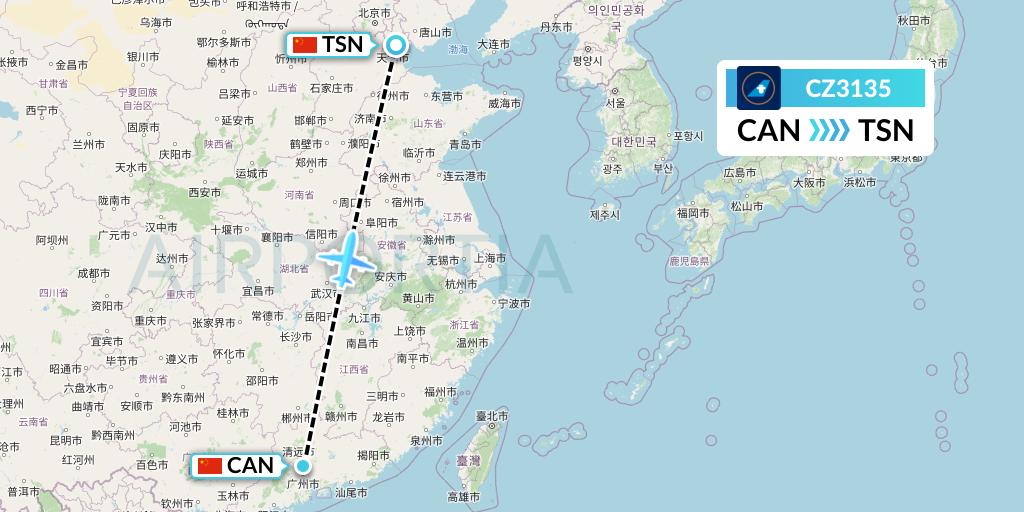 CZ3135 China Southern Airlines Flight Map: Guangzhou to Tianjin