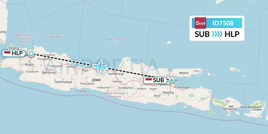 ID7508 Batik Air Flight Map: Surabaya to Jakarta