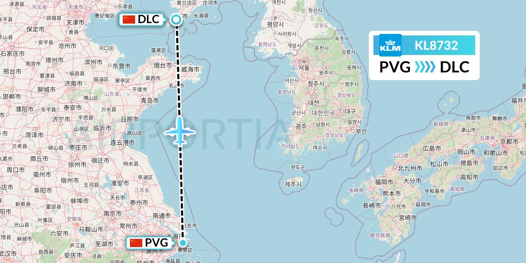 KL8732 KLM Flight Map: Shanghai to Dalian