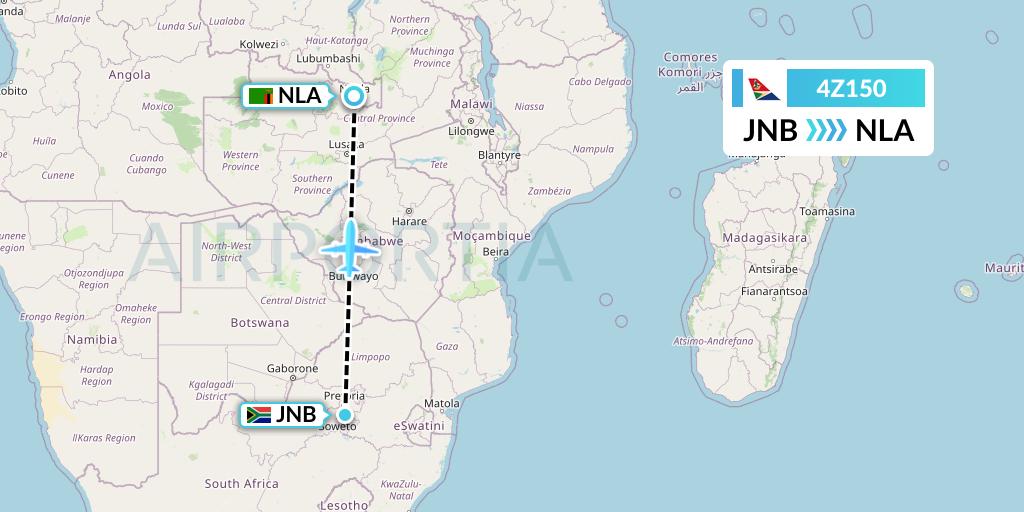 4Z150 Airlink Flight Map: Johannesburg to Ndola