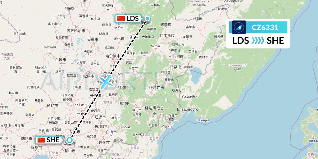 CZ6331 China Southern Airlines Flight Map: Yichun to Shenyang
