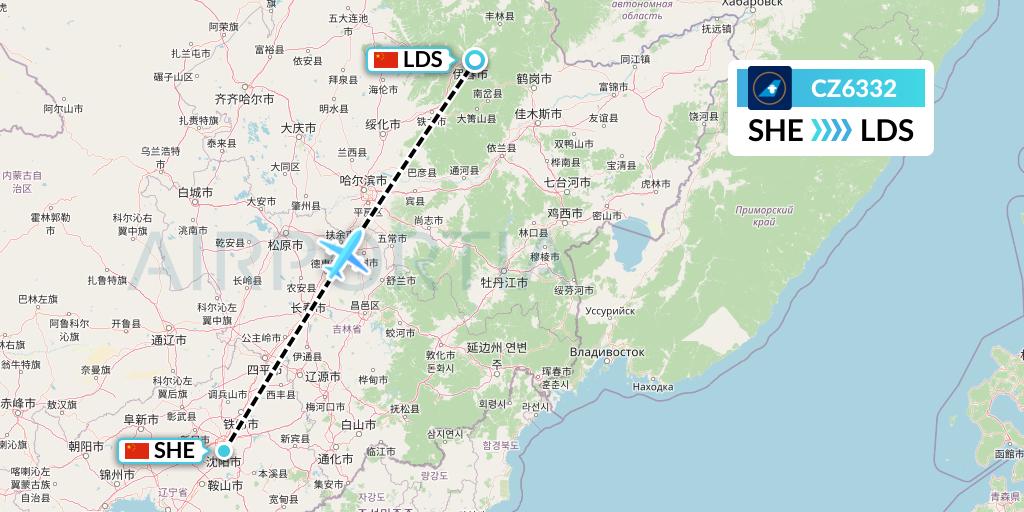 CZ6332 China Southern Airlines Flight Map: Shenyang to Yichun