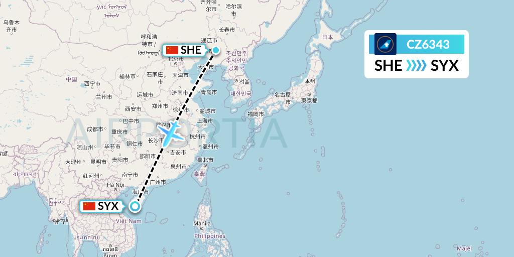 CZ6343 China Southern Airlines Flight Map: Shenyang to Sanya