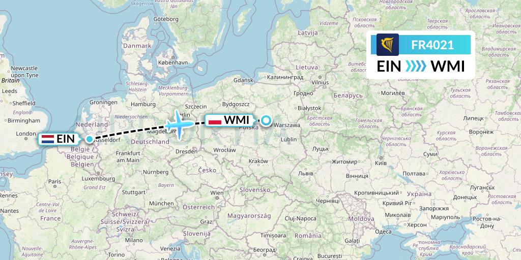 FR4021 Ryanair Flight Map: Eindhoven to Warsaw