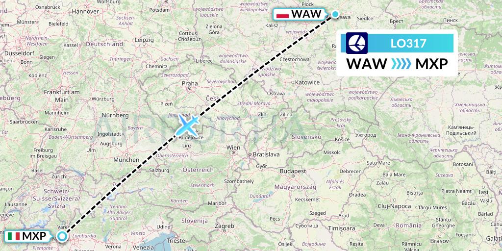 LO317 LOT Flight Map: Warsaw to Milan