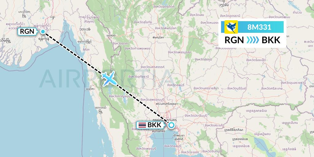 8M331 Myanmar Airways International Flight Map: Yangon to Bangkok