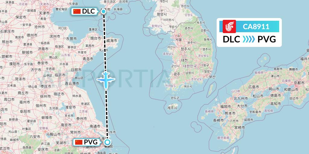 CA8911 Air China Flight Map: Dalian to Shanghai