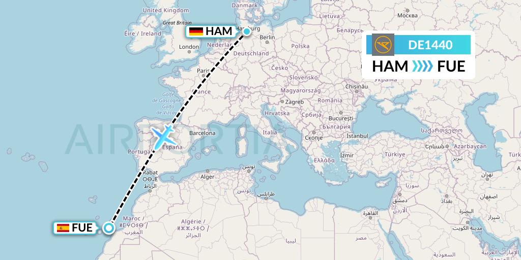 DE1440 Condor Flight Map: Hamburg to Fuerteventura