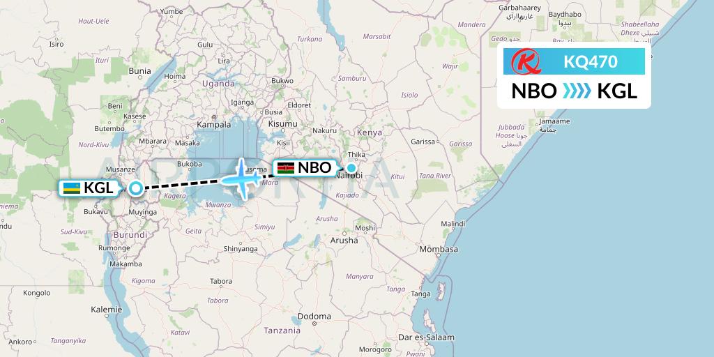 KQ470 Kenya Airways Flight Map: Nairobi to Kigali