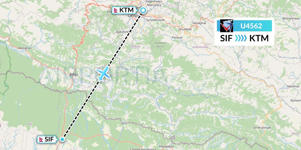 U4562 Buddha Air Flight Map: Simara to Kathmandu