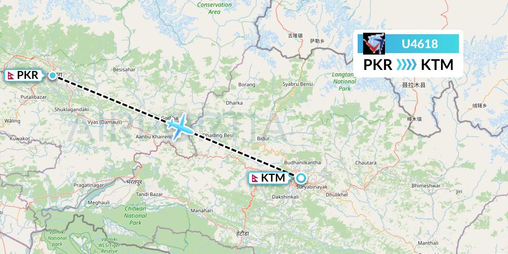 U4618 Buddha Air Flight Map: Pokhara to Kathmandu