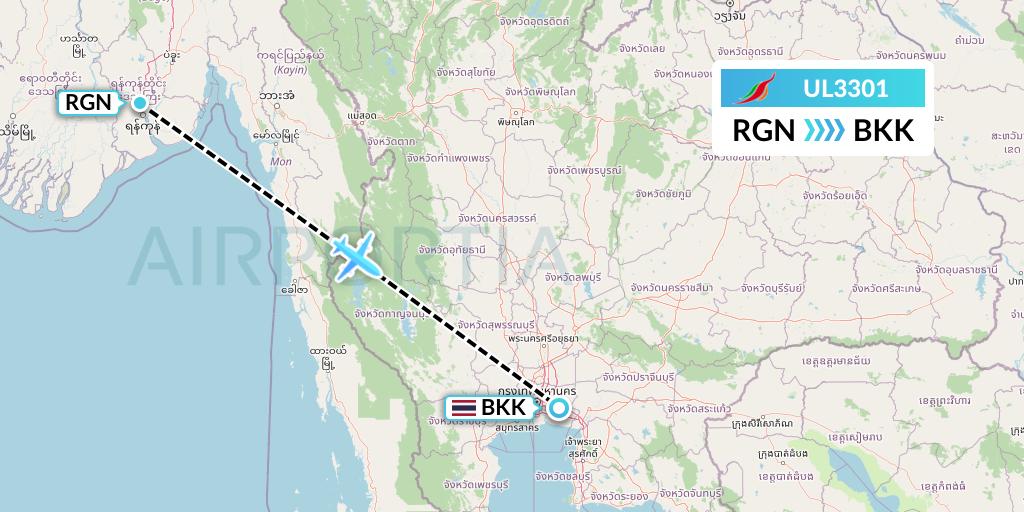 UL3301 SriLankan Airlines Flight Map: Yangon to Bangkok