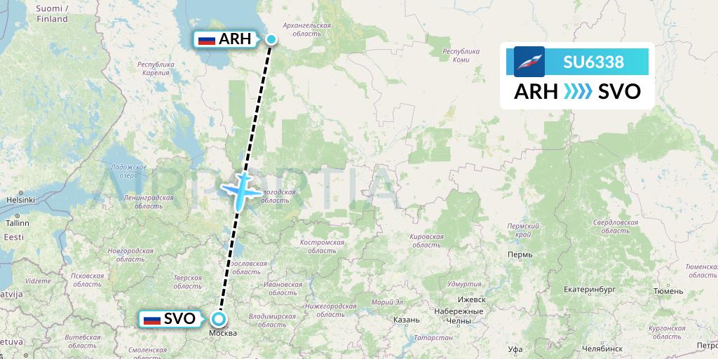 SU6338 Aeroflot Flight Map: Arkhangelsk to Moscow