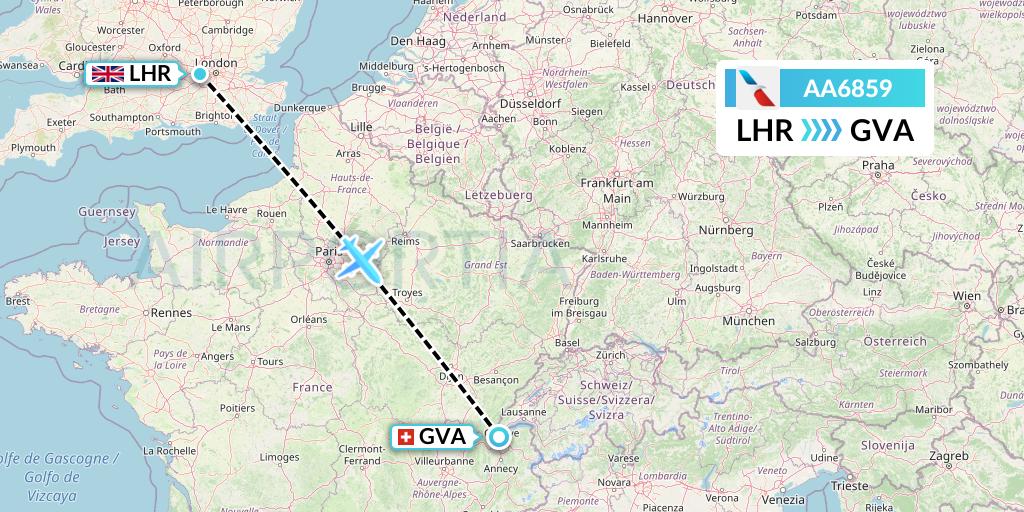 AA6859 American Airlines Flight Map: London to Geneva