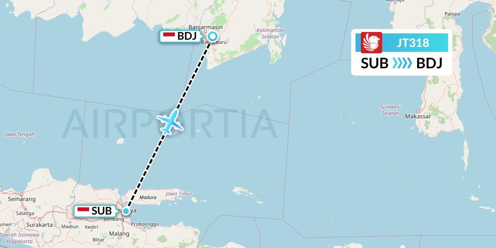 JT318 Lion Airlines Flight Map: Surabaya to Banjarmasin