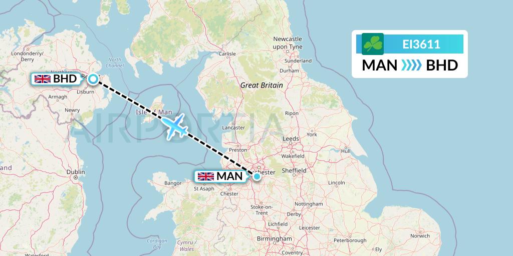 EI3611 Aer Lingus Flight Map: Manchester to Belfast