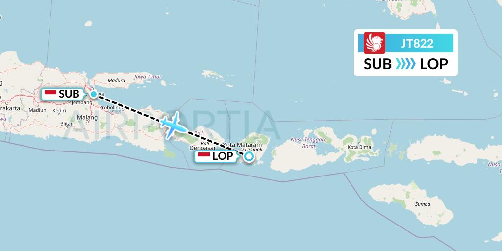 JT822 Lion Airlines Flight Map: Surabaya to Lombok