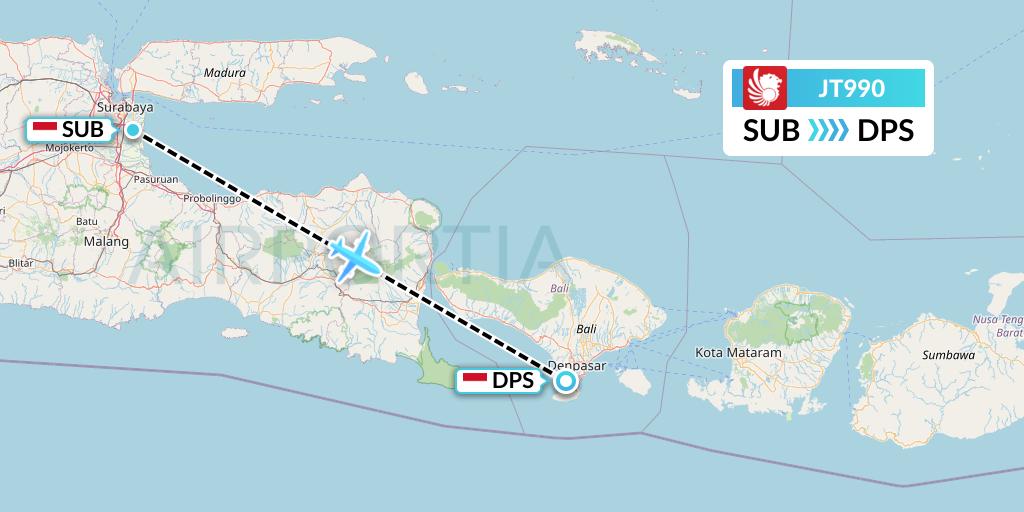 JT990 Lion Airlines Flight Map: Surabaya to Denpasar