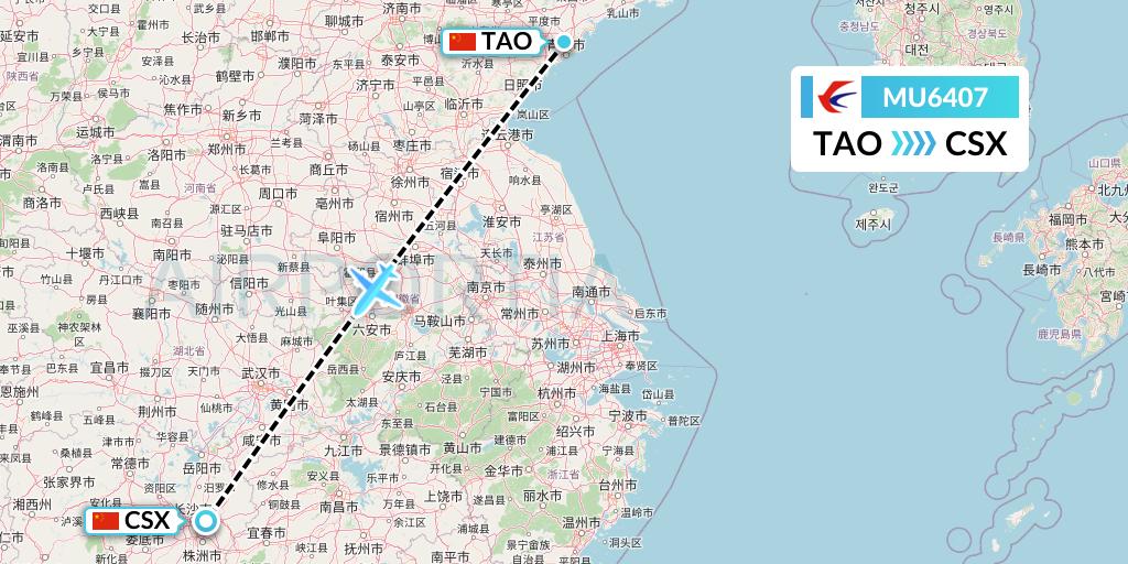 MU6407 China Eastern Airlines Flight Map: Qingdao to Changsha