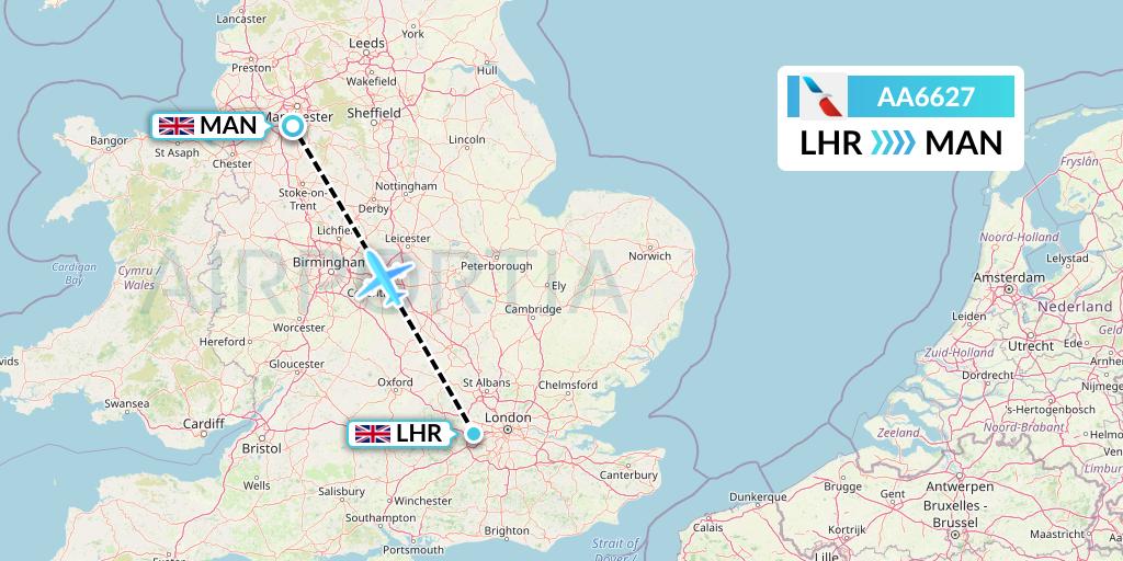 AA6627 American Airlines Flight Map: London to Manchester