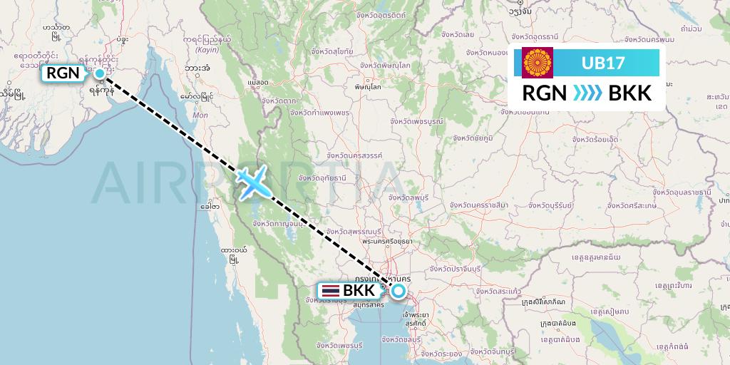 UB17 Myanmar National Airlines Flight Map: Yangon to Bangkok