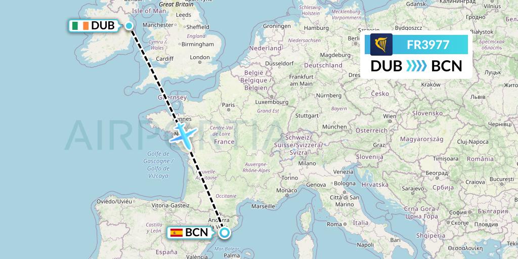 FR3977 Ryanair Flight Map: Dublin to Barcelona