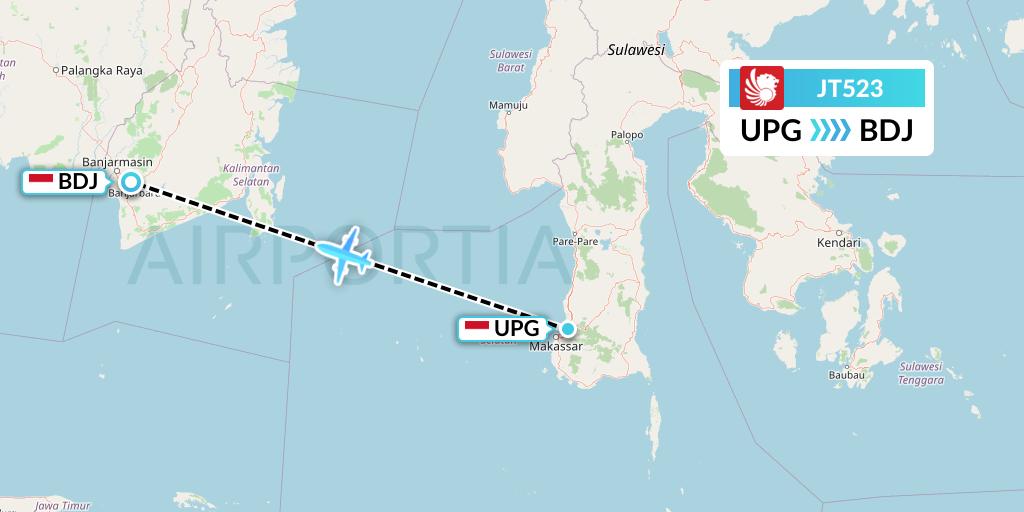 JT523 Lion Airlines Flight Map: Makassar to Banjarmasin