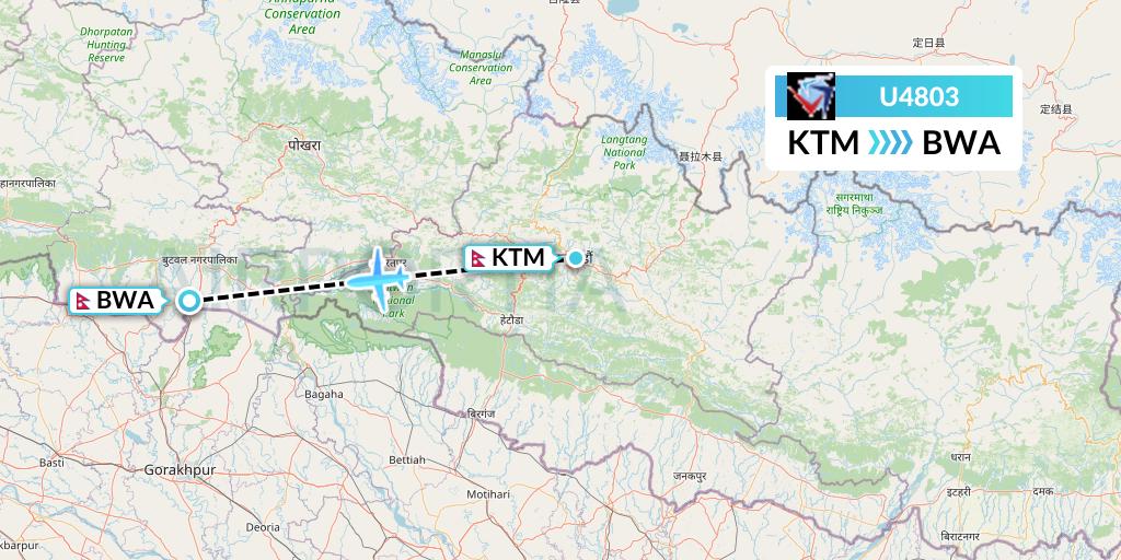 U4803 Buddha Air Flight Map: Kathmandu to Bhairawa