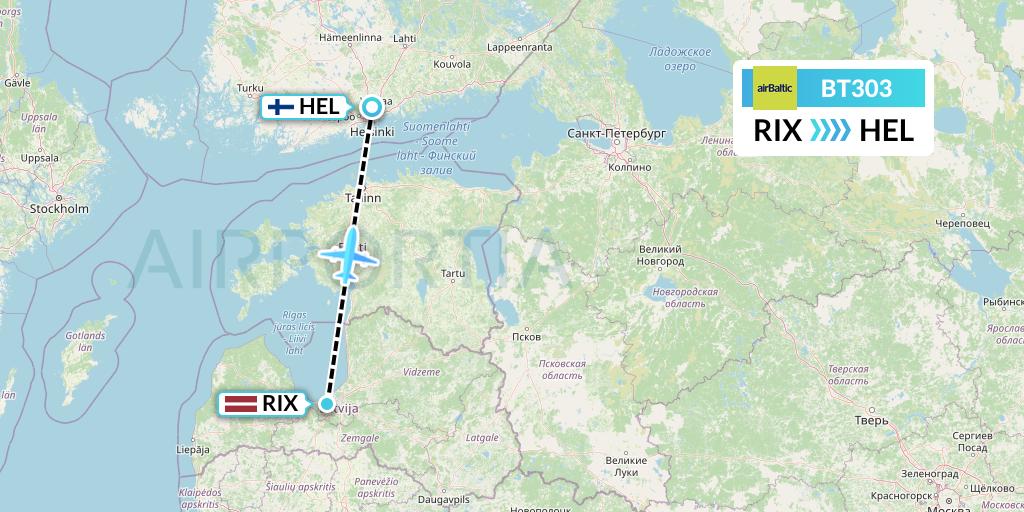 BT303 Air Baltic Flight Map: Riga to Helsinki