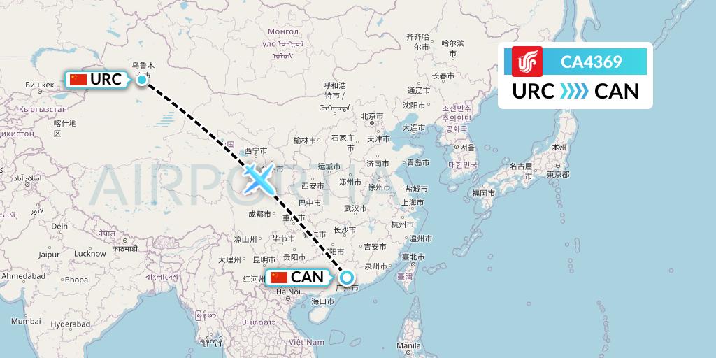 CA4369 Air China Flight Map: Urumqi to Guangzhou