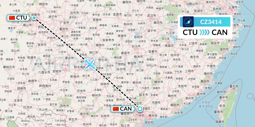 CZ3414 China Southern Airlines Flight Map: Chengdu to Guangzhou