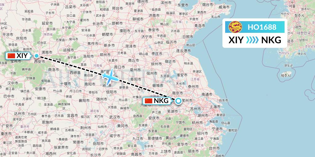HO1688 Juneyao Airlines Flight Map: Xi'an to Nanjing